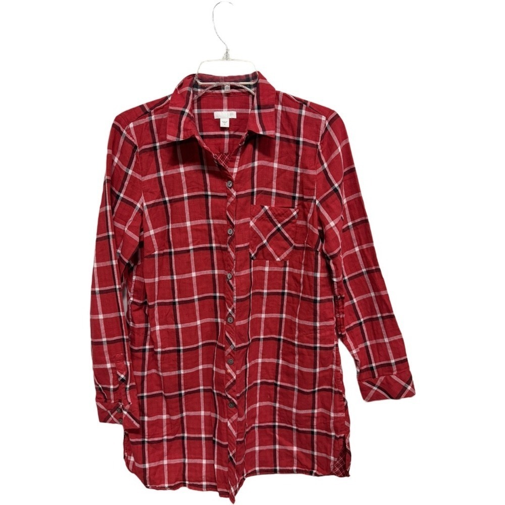 J. Jill Red Double Plaid Tunic Style Button Down Size Small Holiday Christmas